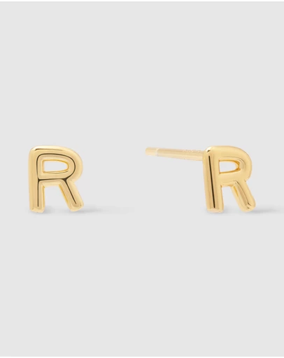 Wanderlust + Co - Alphabet Bubble Gold Stud Earrings - Letter R