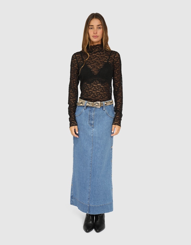 Belle & Bloom - Edge Line Denim Maxi Skirt with Side Buttons