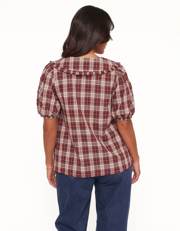 Petal & Pup - Evandri Frill Collar Top - Burgundy Plaid