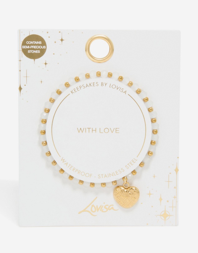 Lovisa - Waterproof Gold Plated Stainless Steel White Semi Precious Stone Heart Charm Stretch Bracelet