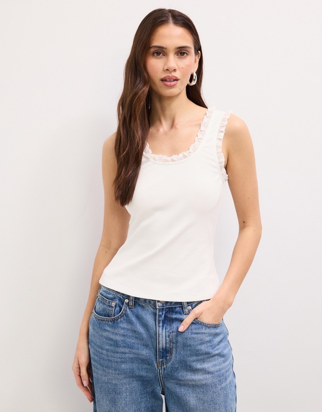 The Fated - Kaitlyn Embroidered Polkadot Frill Rib Tank