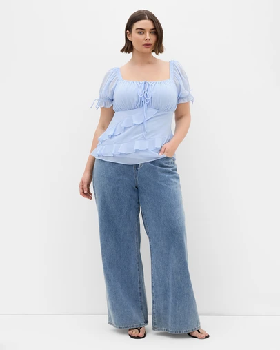 City Chic - Plus size Shayla Short Sleeve Frill Top - baby blue
