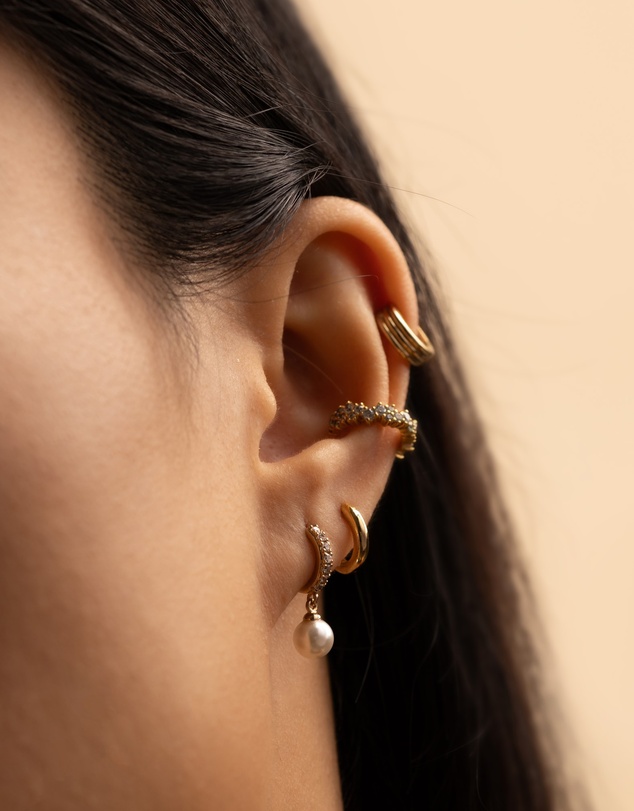 Wanderlust + Co - Pave Pearl Gold Drop 7mm Baby Huggie Earrings