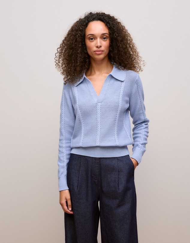 Trenery - Cotton Cable Knit Polo in Dove Blue