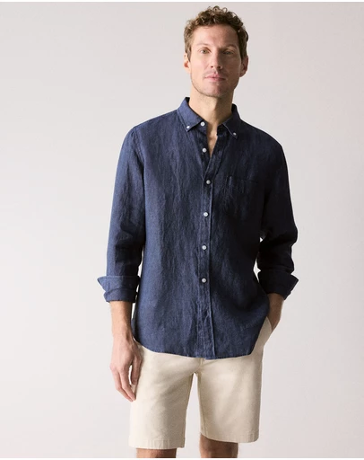 Trenery - Regular Fit Delave Linen Long Sleeve Shirt in French Navy