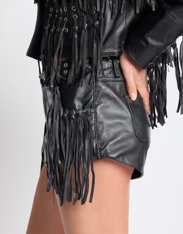 ONE TEASPOON - Rogue Rodeo Fringed Micro Leather Shorts - Black