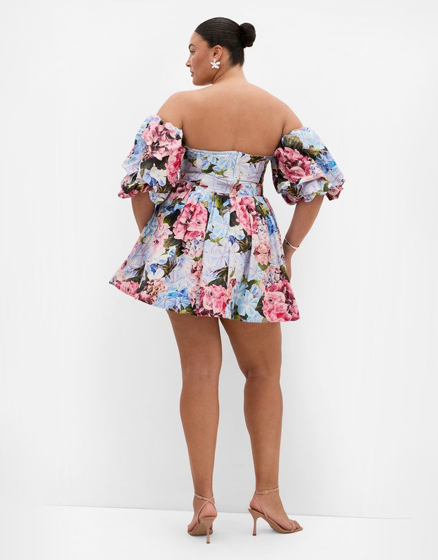 City Chic - Plus size Rosa Garden Print Puff Sleeve Mini Dress - sky blue