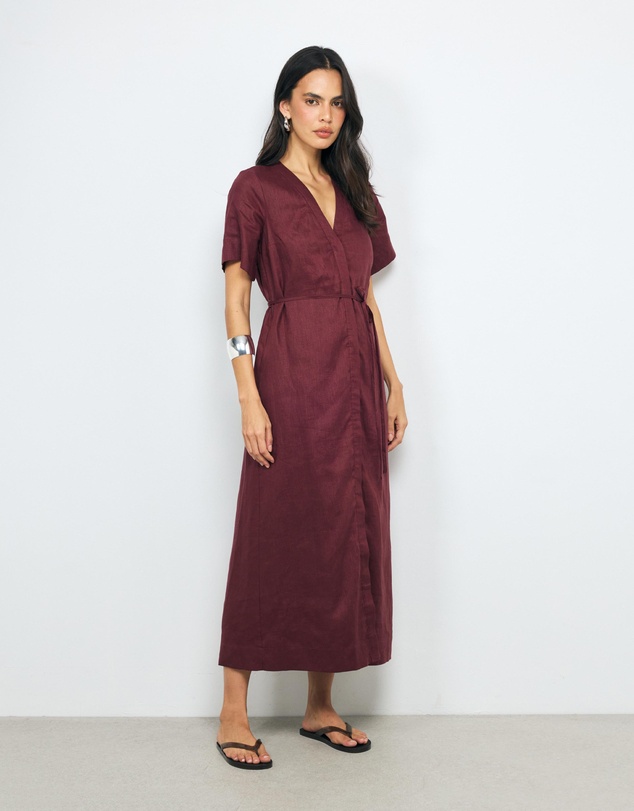 AERE - Cery Linen Short Sleeve Midi Dress