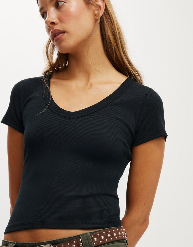 Cotton On - Goldie Rib V Neck Short Sleeve