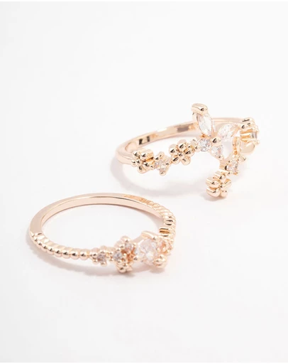 Lovisa - Rose Gold Plated Floral Stone Stacking Ring Pack