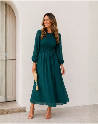Esther & Co - Iolana Dress - Deep Green Long Sleeve