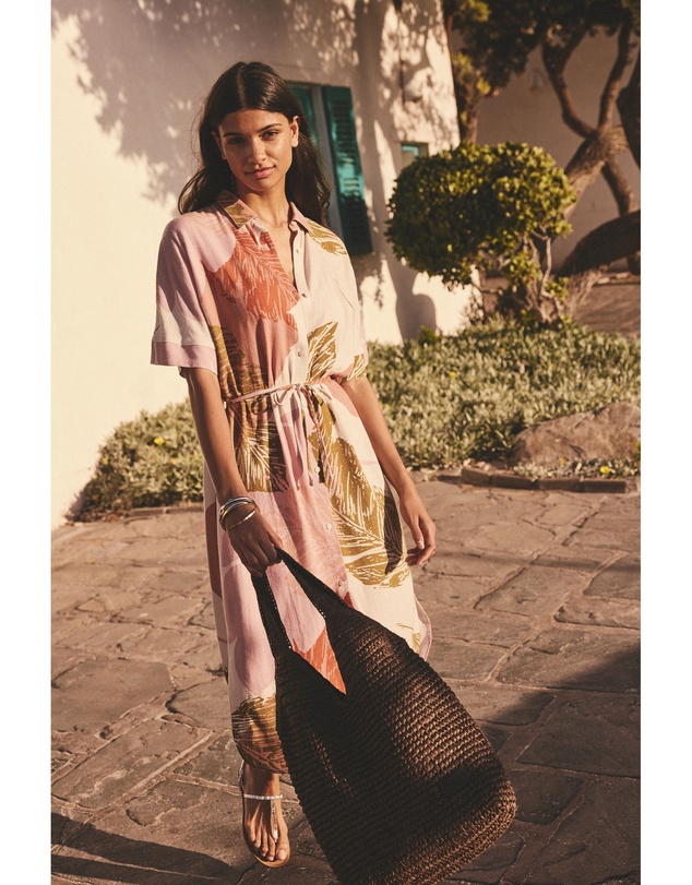 NEXT - Short Sleeve Tie Waist Midi Shirt Dress with Linen