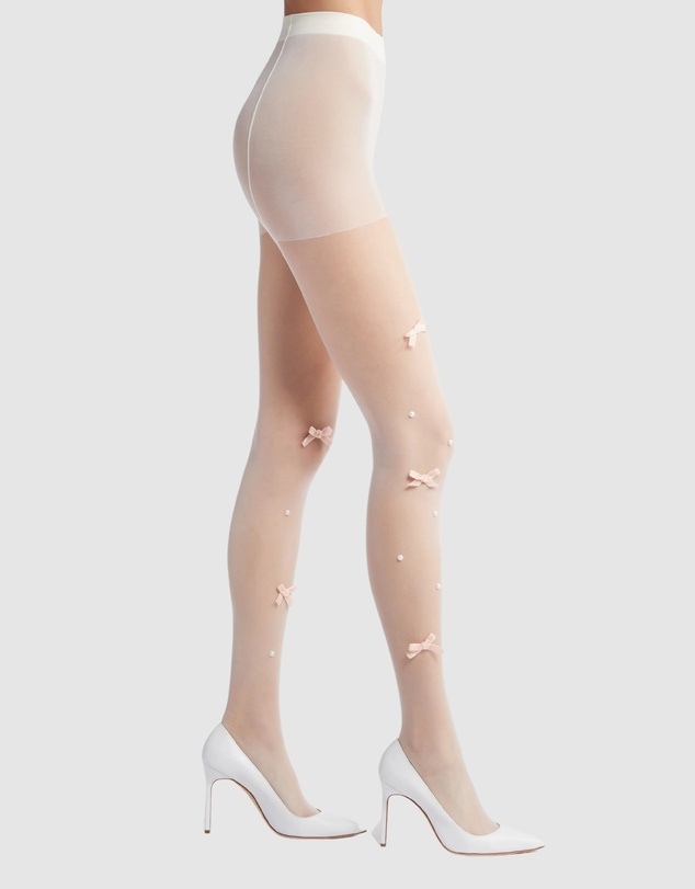 High Heel Jungle - Velvet Bow Pearl Tight -Pink/ White