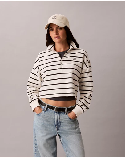 Calvin Klein Jeans - Striped Monogram Terry Cropped Sweatshirt