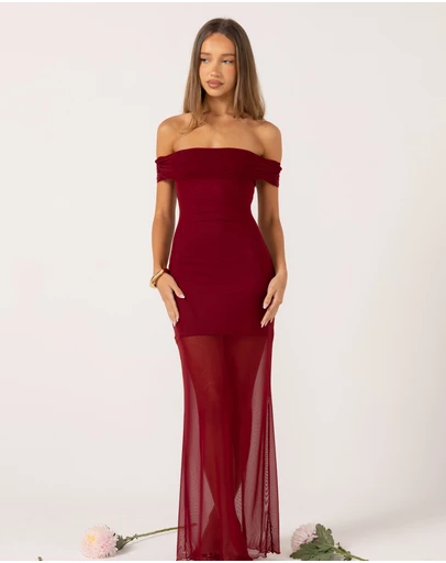 Beginning Boutique - Tabitha Wine Off Shoulder Mesh Maxi Dress