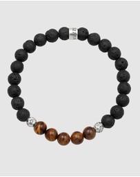 Kuzzoi - ICONIC EXCLUSIVE - Bracelet Male Beads Gemstone Lava Tiger Eye Brown 925 Sterling Silver