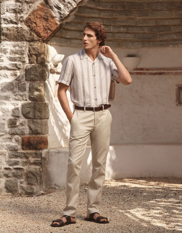 Trenery - Regular Fit Linen Tonal Stripe Short Sleeve Shirt in Flax
