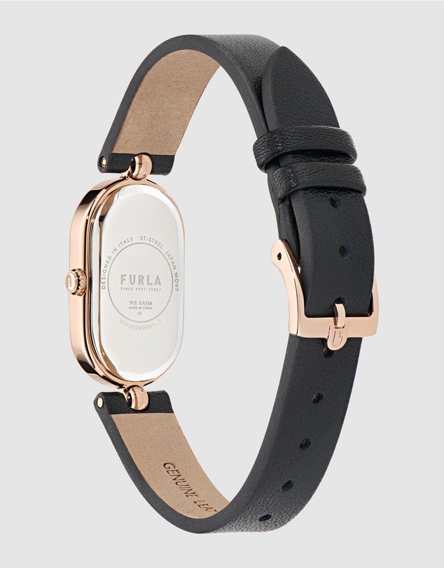 Furla - Ooh Rose 32mm Oval Rose Gold-Tone Case with Black Leather Strap