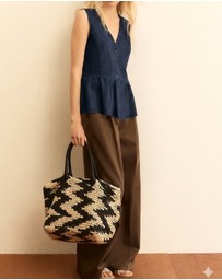 Emme - Navy Linen Blend Peplum Top