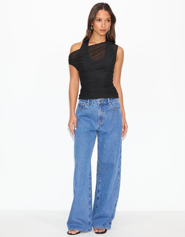 Dazie - Melton Off Shoulder Mesh Overlay Top