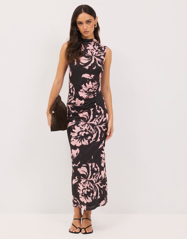 Calli - Luca Gathered Mesh Floral Midi Dress