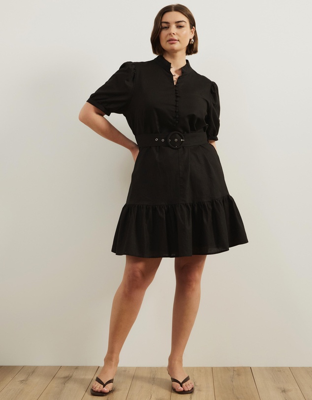 Atmos&Here Curvy - Bailey Button Front Linen Blend Mini Dress