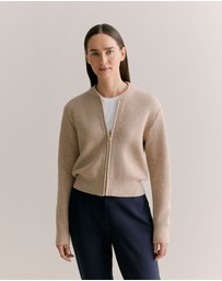 Trenery - Merino Double Knit Zip Bomber Cardigan in Oatmeal Marle