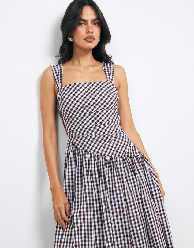 AERE - Kylara Gingham Ruched Midi Dress