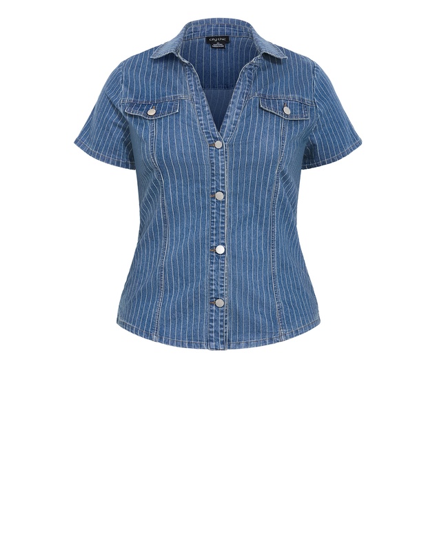 City Chic - Plus size Pinstripe Short Sleeve Denim Shirt - blue wash