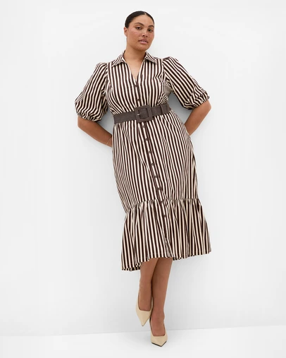 City Chic - Plus size Rosie Stripe Belted Dress - dark chocolate