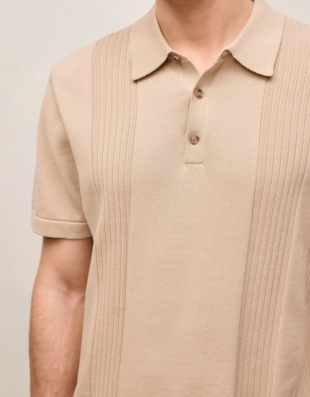Trenery - Mercerised Cotton Rib Detail Knit Polo in Sand