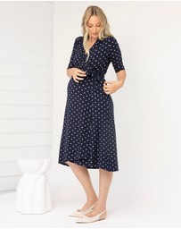 Angel Maternity - Eve Maternity Midi Wrap Dress in Navy Polka Dots