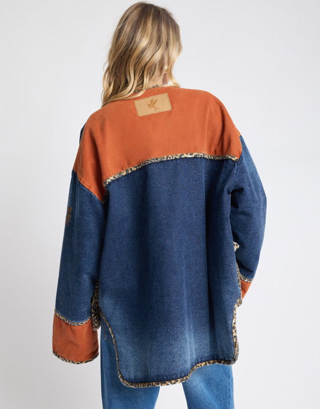 ONE TEASPOON - Bang Bang Reversible Colour Blocked Denim Wadded Jacket - Animal Blue Rust