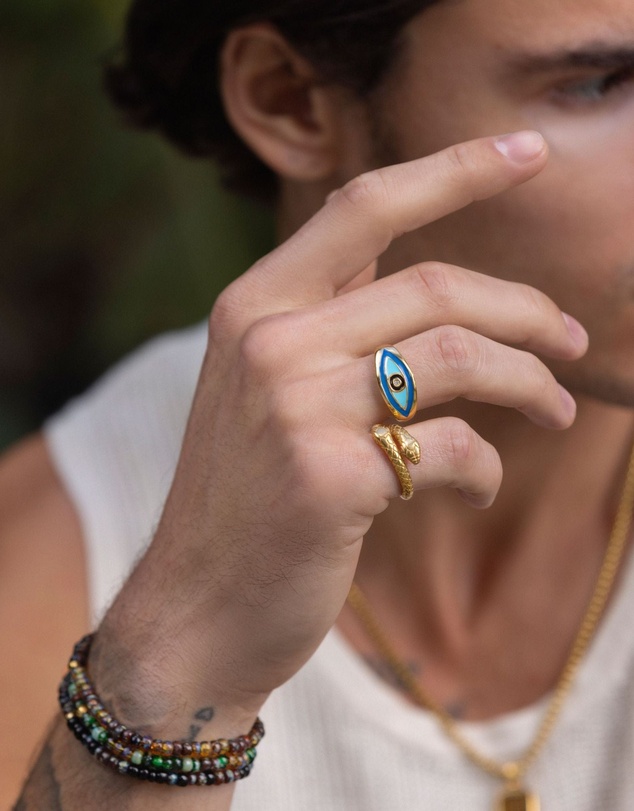 Nialaya Jewellery - Men's Gold Plated Vintage Snake Ring
