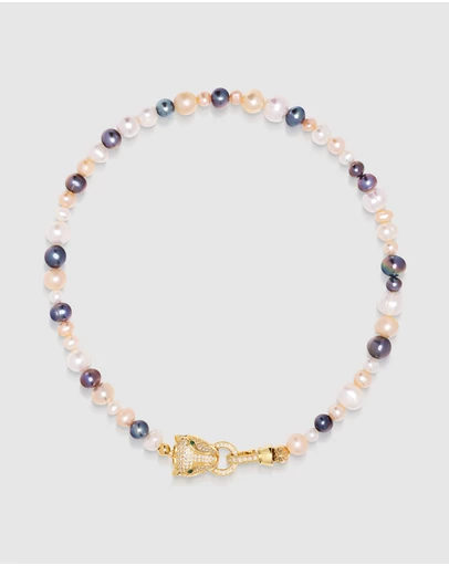 Nialaya Jewellery - Women's Multi-Colored Pearl Choker with Gold Panther Head