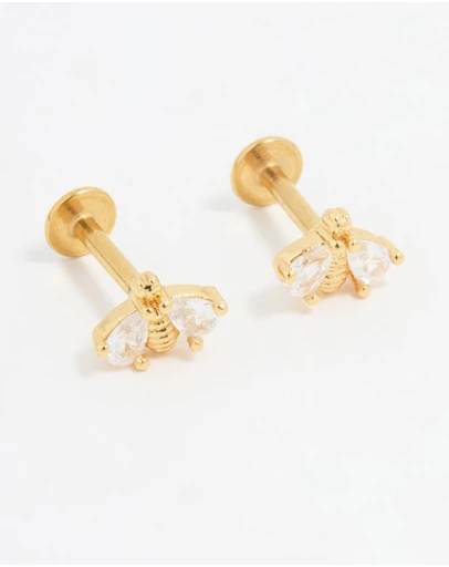 Lovisa - Gold Plated Surgical Steel Double Bee Cubic Zirconia Flat Back Studs