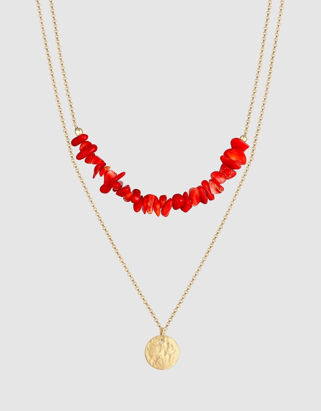 Elli Jewelry - Necklace Layer Platelets Coral Red 925 Silver Gold Plated