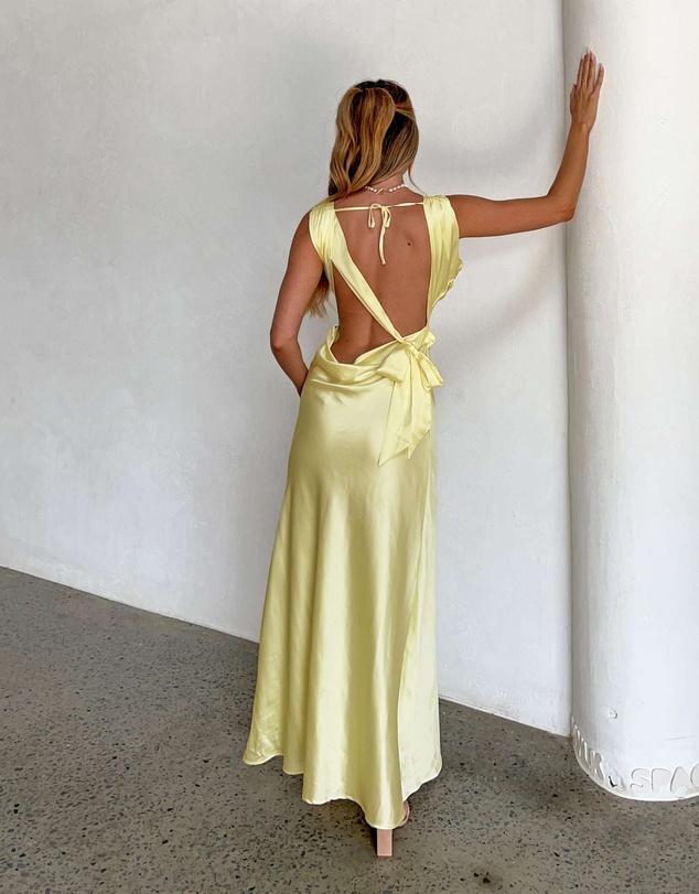 Beginning Boutique - Laria Yellow Satin Formal Maxi Dress
