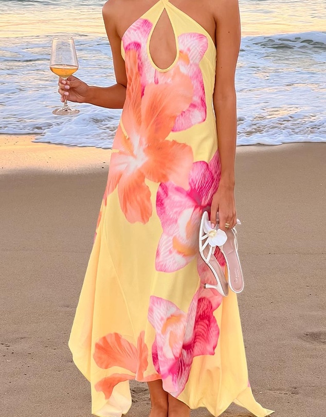 Beginning Boutique - Elowen Yellow Hibiscus Floral Halter Maxi Dress