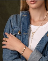 Nialaya Jewellery - Women's Bracelet with White, Marbled Amber and Gold Miyuki Tila Beads