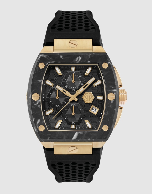 Philipp Plein - Philipp Plein Hexagon Phantom Chrono 44mm Black Dial Black Silicone Strap Watch