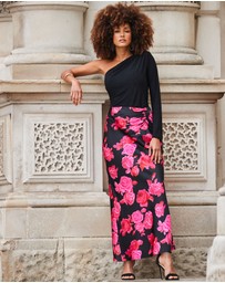 Sosandar - Floral Print Ruched Detail Satin Maxi Skirt