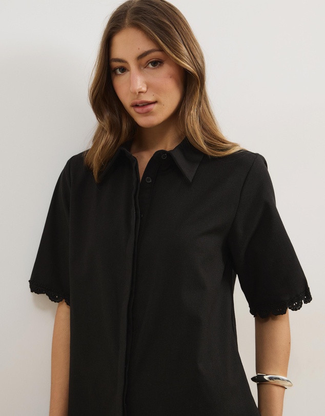 Atmos&Here - Kyla Linen Blend Mini Shirt Dress with Lace Trim Detail
