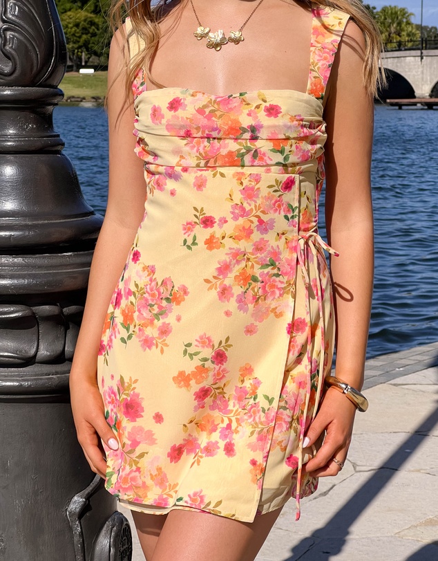 Beginning Boutique - Aveta Yellow Bloom Tie Mini Dress