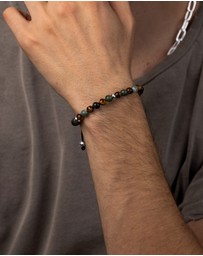 Nialaya Jewellery - Men's Beaded Bracelet with Aquatic Agate, Brown Tiger Eye and Silver