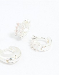 Lovisa - Silver Plated Brass Cubic Zirconia Baguette Hoops & Stud Earrings 4-Pack