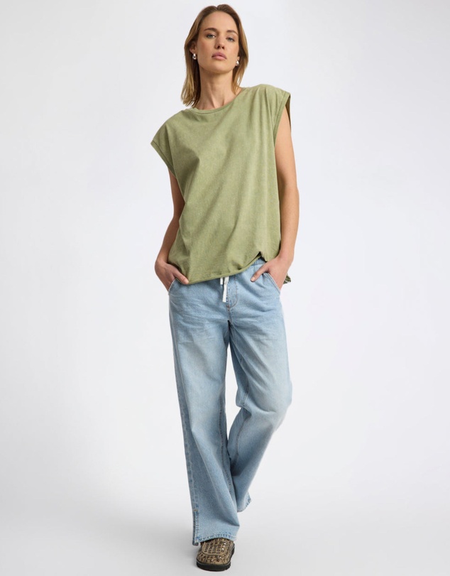 ONE TEASPOON - Roadhouse Mid Waist Wide Leg Drawstring Denim Jean - Riviera Blue