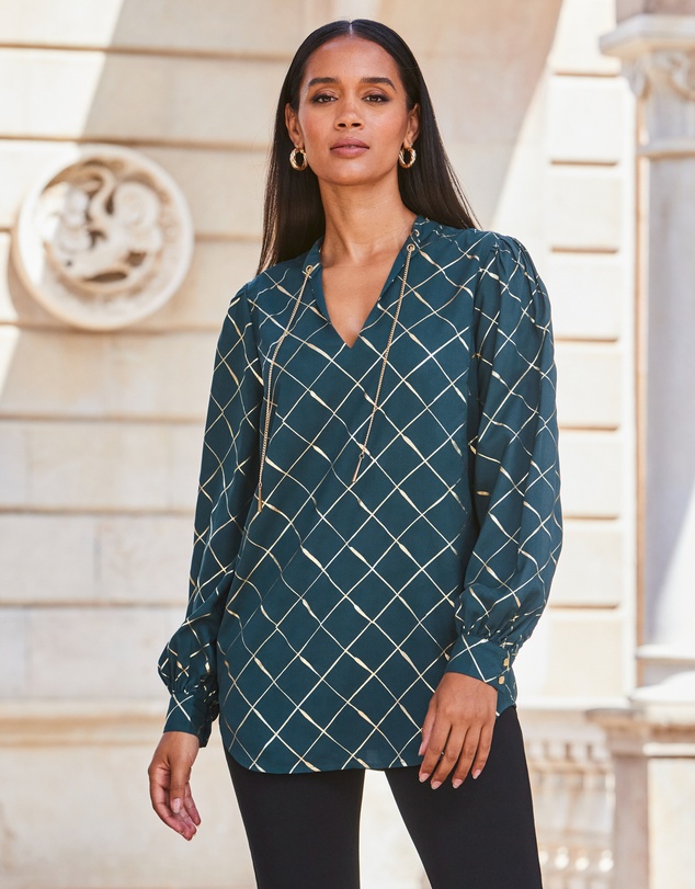 Sosandar - Check Print Chain Lace Up Blouse