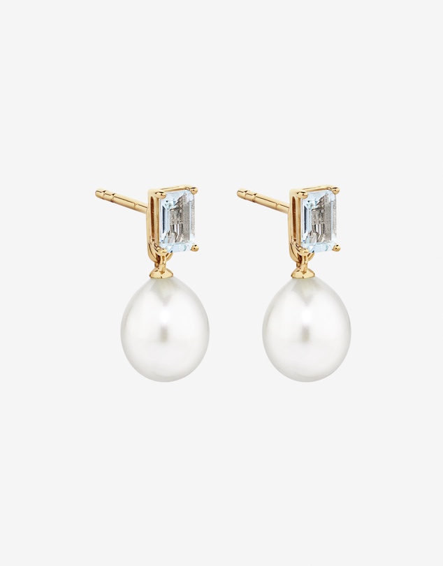 Michael Hill - Multi-Wear Aquamarine and Cultured Freshwater Pearl Drop Stud Earrings in 10kt Yellow Gold
