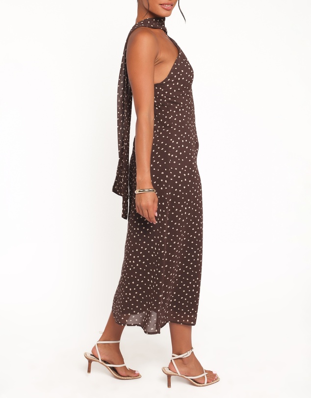 Petal & Pup - Elva Halterneck Midi Dress - Brown Polka Dot